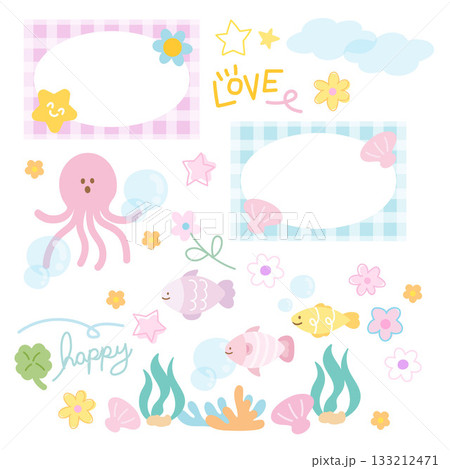 Pastel vector illustrations of sea lives such as fish, octopus, coral reef, seashell for under the sea template, aquarium, ocean, animal, zoo, souvenir shop, polaroid photo, post card, frame, banners 133212471