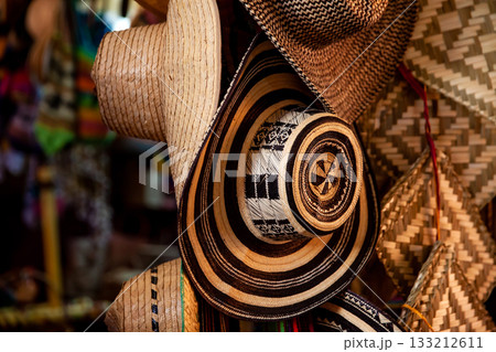 Sombrero vueltiao at the shops of the historical Lorica Public Market in Colombia Sombrero vueltiao at the shops of the historical Lorica Public Market in Colombia 133212611