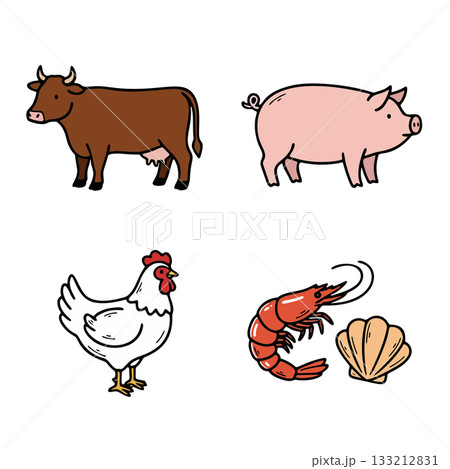 牛・豚・鶏・シーフードのアイコンセット 牛・豚・鶏・シーフードのアイコンセット 133212831