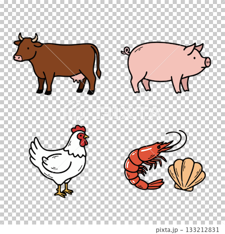牛・豚・鶏・シーフードのアイコンセット 牛・豚・鶏・シーフードのアイコンセット 133212831