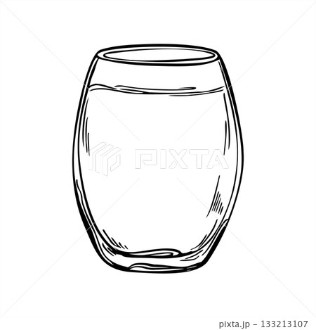 Full water glass monochrome vector isolated illustration painted by black inks. Juice, tonic or mocktail in transparent glassware etching drawing. Drink sketch for menu, poster, label 133213107