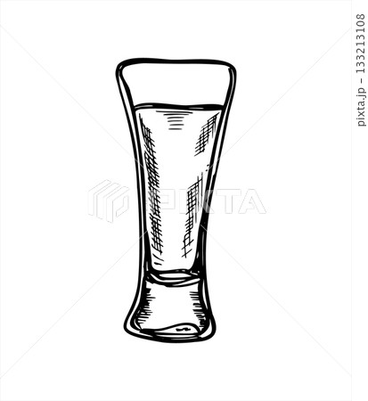 Filled shot glass with alcoholic drink as vodka, brandy, sake or limoncello vector illustration painted by black ink. Beverage in small glassware etching drawing for cocktail recipe, party invitation 133213108