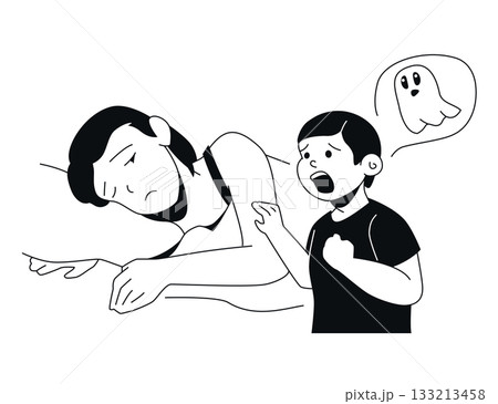 Boy Scared of Ghost - Black and White Flat Design Illustration 133213458