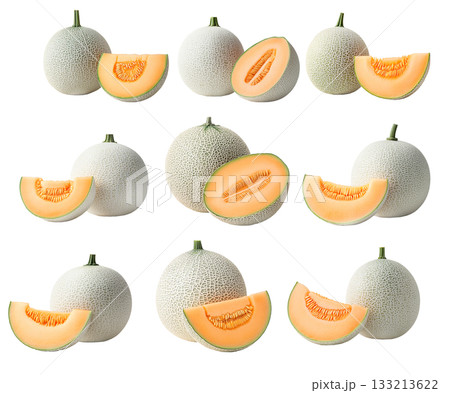 Set of cantaloupe and sliced piece with vibrant orange flesh and seeds, isolated on white transparent background 133213622