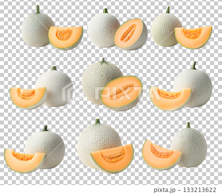 Set of cantaloupe and sliced piece with vibrant orange flesh and seeds, isolated on white transparent background 133213622