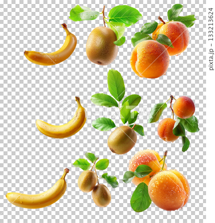 Set of banana, kiwi and apricot with dew drops and leaves isolated on white background 133213624