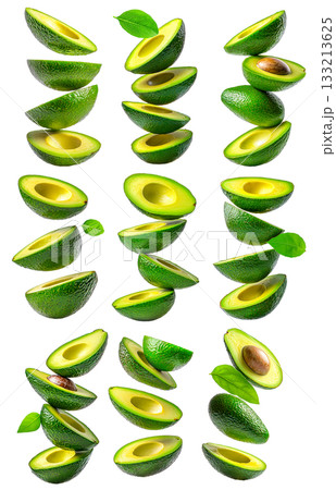 Set of avocado slices with green leaves isolated on white transparent background, concept of healthy food 133213625
