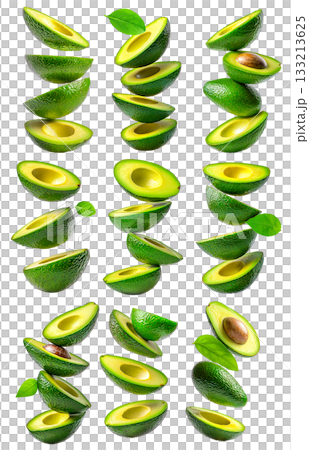Set of avocado slices with green leaves isolated on white transparent background, concept of healthy food 133213625