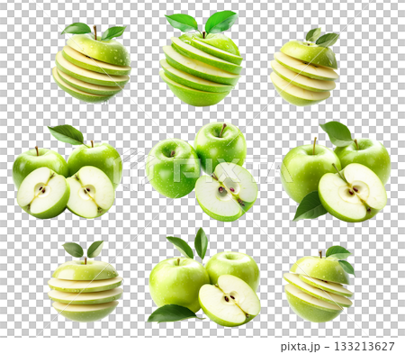 Set of green sliced apple with leaves and water droplets isolated on white transparent background, healthy fruits Set of green sliced apple with leaves and water droplets isolated on white transparent background, healthy fruits 133213627