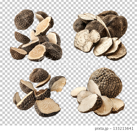 Set of black Italian truffles isolated on white transparent background, great for culinary and gourmet themes Set of black Italian truffles isolated on white transparent background, great for culinary and gourmet themes 133213641