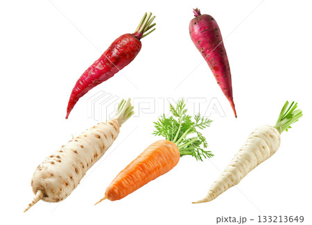 Set of Imperator carrot and Parsnip root with green leaves isolated on a white background Set of Imperator carrot and Parsnip root with green leaves isolated on a white background 133213649