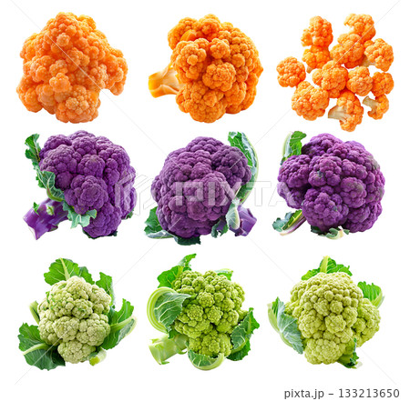 Set of green, orange and purple cauliflower with leaves isolated on a white background Set of green, orange and purple cauliflower with leaves isolated on a white background 133213650