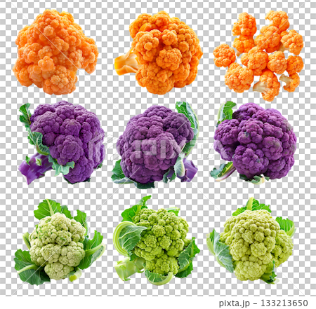 Set of green, orange and purple cauliflower with leaves isolated on a white background Set of green, orange and purple cauliflower with leaves isolated on a white background 133213650