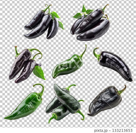 Green Poblano Ancho, Jalapeno and Pasilla Chili Pepper isolated on a white background 133213653