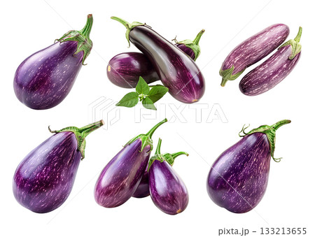 A single striped Italian purple eggplant is isolated on a white background 133213655