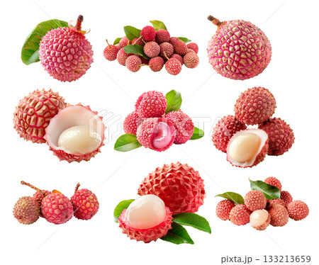 Closeup of fresh lychee fruit, one peeled and one unpeeled, with vibrant green leaves isolated on a white background. Closeup of fresh lychee fruit, one peeled and one unpeeled, with vibrant green leaves isolated on a white background. 133213659