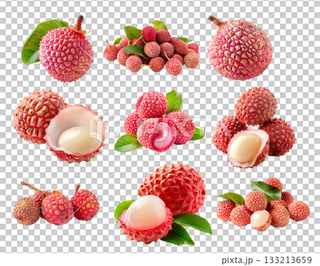 Closeup of fresh lychee fruit, one peeled and one unpeeled, with vibrant green leaves isolated on a white background. Closeup of fresh lychee fruit, one peeled and one unpeeled, with vibrant green leaves isolated on a white background. 133213659