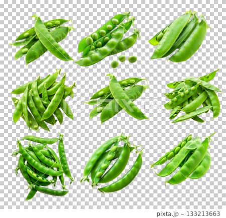 Fresh green peas with leaves in open pods isolated on a white background Fresh green peas with leaves in open pods isolated on a white background 133213663