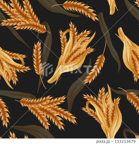 Watercolor seamless pattern with wheat and grains. Perfect for bakeries, cafes, packaging, menus, and farm brands. Hand-drawn rustic design for food and agriculture. Harvest. 133213679