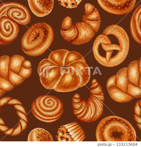 Watercolor seamless pattern with a variety of baked goods. Perfect for bakeries, coffee shops, packaging, branding, menu and design, cookbooks, and recipes. Hand-drawn bakery background. Watercolor seamless pattern with a variety of baked goods. Perfect for bakeries, coffee shops, packaging, branding, menu and design, cookbooks, and recipes. Hand-drawn bakery background. 133213684