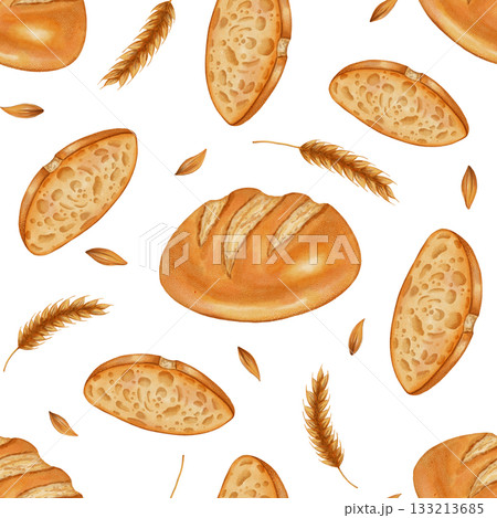 Seamless watercolor bread pattern with wheat and grains. White wheat bread. Perfect for bakeries, cafes, packaging, menus, food branding, and packaging. Hand-drawn illustration of baked goods. Seamless watercolor bread pattern with wheat and grains. White wheat bread. Perfect for bakeries, cafes, packaging, menus, food branding, and packaging. Hand-drawn illustration of baked goods. 133213685