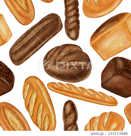 Watercolor seamless pattern with different loaves of bread. White and dark bread. Perfect for bakeries, coffee shops, menu design, packaging, store branding, backgrounds, cookbooks, and recipes. 133213686