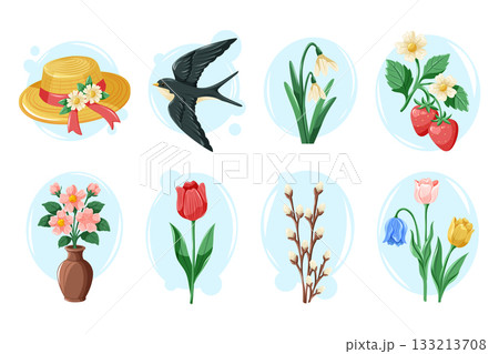A charming spring-themed set of flowers, berries, a bird, and a hat. Bright gradient vector cartoon illustration with tulips and birds. 133213708