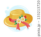 A charming straw hat decorated with flowers and a red ribbon. Warm and cheerful spring vector cartoon illustration. 133213720