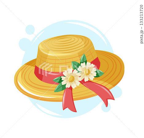 A charming straw hat decorated with flowers and a red ribbon. Warm and cheerful spring vector cartoon illustration. 133213720