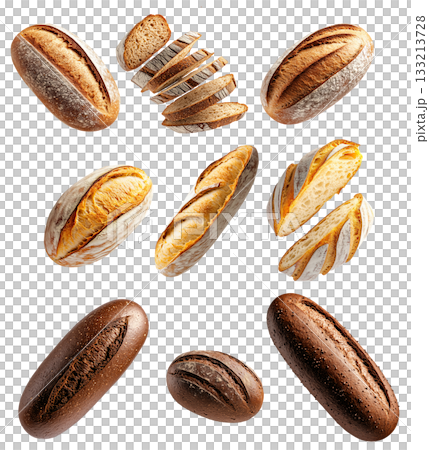 Assortment of different fresh bread loaves and slices on white background. Concept of bakery goods, food variety and freshness 133213728