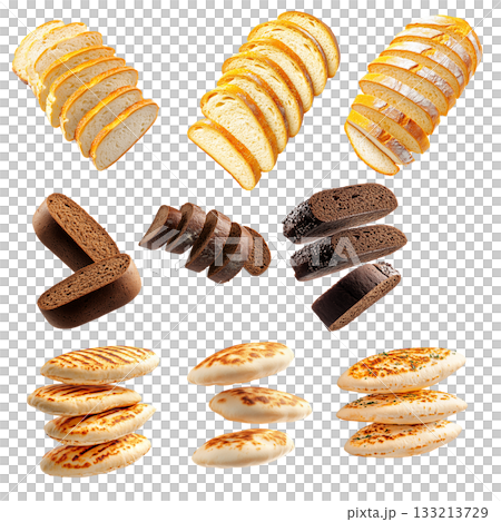 Various types of sliced flatbreads, rye breads, and white loaves on white background, concept of bakery and food variety 133213729