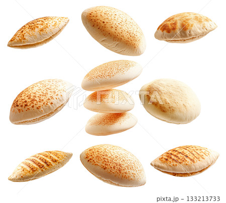 Set of freshly baked pita bread, isolated on white transparent background, concept of baked food 133213733