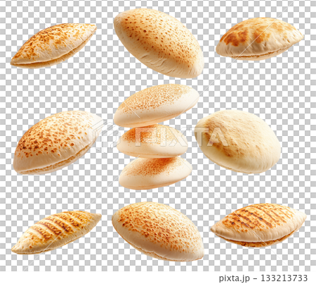 Set of freshly baked pita bread, isolated on white transparent background, concept of baked food 133213733