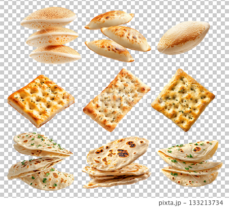 Various types of flatbreads and pita breads arranged on white background, showing texture and variety, concept of traditional food 133213734