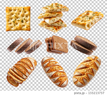 Various types of bread including focaccia, sliced rye, whole loaves with seeds, on white background, concept of bakery variety 133213737