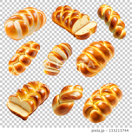 Set of baked braided Challah Jewish bread loaf with a golden crust, isolated on white transparent background Set of baked braided Challah Jewish bread loaf with a golden crust, isolated on white transparent background 133213744