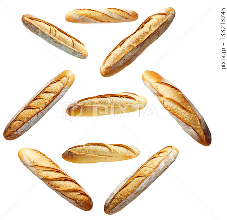 Set of crusty French baguette isolated on white transparent background, concept of fresh bread Set of crusty French baguette isolated on white transparent background, concept of fresh bread 133213745