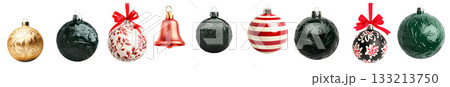Various Christmas ornaments including baubles, stars, pine cone isolated on white background, New Yeaw and Christmas holidays Various Christmas ornaments including baubles, stars, pine cone isolated on white background, New Yeaw and Christmas holidays 133213750