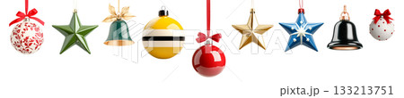 Various Christmas ornaments including baubles, stars, pine cone isolated on white background, New Yeaw and Christmas holidays Various Christmas ornaments including baubles, stars, pine cone isolated on white background, New Yeaw and Christmas holidays 133213751