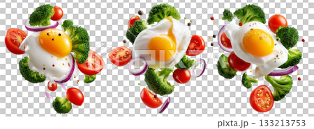 Fried egg, broccoli florets, cherry tomatoes, and onion rings floating mid-air, isolated on white transparent background Fried egg, broccoli florets, cherry tomatoes, and onion rings floating mid-air, isolated on white transparent background 133213753