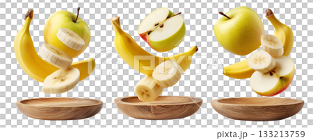 Whole and sliced apple and banana served on round wooden plate, isolated on white transparent background. 133213759
