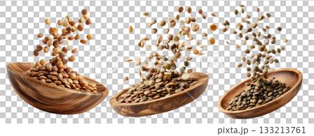 Brown lentils flying from natural wooden bowl, isolated on white transparent background, concept of healthy eating Brown lentils flying from natural wooden bowl, isolated on white transparent background, concept of healthy eating 133213761