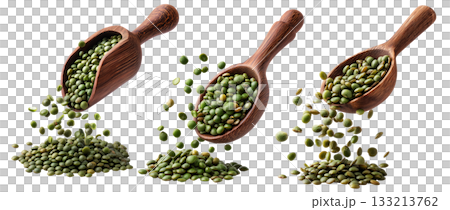 Green lentils falling from rustic wooden scoop, isolated on white background, concept of natural food and legumes Green lentils falling from rustic wooden scoop, isolated on white background, concept of natural food and legumes 133213762