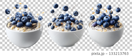 Fresh blueberries and chia seeds on creamy oatmeal in white ceramic bowl, isolated on white transparent background Fresh blueberries and chia seeds on creamy oatmeal in white ceramic bowl, isolated on white transparent background 133213763