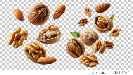 Whole and cracked walnuts with almonds and fresh green leaves, isolated on white background, concept of healthy eating Whole and cracked walnuts with almonds and fresh green leaves, isolated on white background, concept of healthy eating 133213764