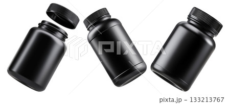 Black plastic pill or supplement container with screw cap on white background, concept of packaging and product branding 133213767