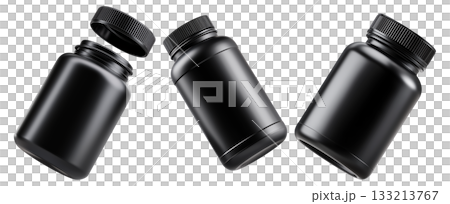 Black plastic pill or supplement container with screw cap on white background, concept of packaging and product branding 133213767