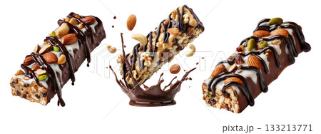 Chocolate coated nut protein energy fitness bar topped with almonds, cashews, walnuts, and chocolate drizzle on white Chocolate coated nut protein energy fitness bar topped with almonds, cashews, walnuts, and chocolate drizzle on white 133213771
