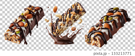 Chocolate coated nut protein energy fitness bar topped with almonds, cashews, walnuts, and chocolate drizzle on white Chocolate coated nut protein energy fitness bar topped with almonds, cashews, walnuts, and chocolate drizzle on white 133213771