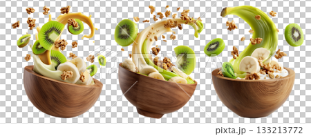Fresh banana, kiwi, crunchy walnuts and granola with creamy yogurt smoothie splash in wooden bowl isolated on white background Fresh banana, kiwi, crunchy walnuts and granola with creamy yogurt smoothie splash in wooden bowl isolated on white background 133213772